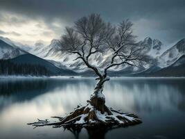 un' solitario albero sta su il riva di un' lago con montagne nel il sfondo ai generato foto