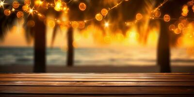 generativo ai, tropicale estate tramonto spiaggia bar sfondo. di legno tavolo superiore Prodotto Schermo vetrina vuoto palcoscenico. foto