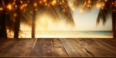 generativo ai, tropicale estate tramonto spiaggia bar sfondo. di legno tavolo superiore Prodotto Schermo vetrina vuoto palcoscenico. foto