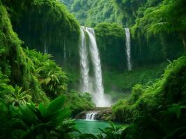 un' cascata circondato di lussureggiante verde vegetazione ai generato foto