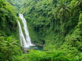 un' cascata nel il giungla circondato di lussureggiante verde vegetazione ai generato foto