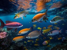 un' grande gruppo di pesce nuoto nel il oceano ai generato foto