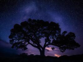 un' maestoso albero staglia contro un' fondale di il vasto notte cielo pieno con stelle ai generato foto