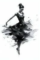 generativo ai, bellissimo danza donna disegnato di nero inchiostro o acquerello. mano dipingere nero e bianca moda schizzo. foto