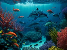 un' colorato subacqueo scena con pesce e corallo ai generato foto