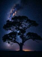 un' maestoso albero staglia contro un' fondale di il vasto notte cielo pieno con stelle ai generato foto