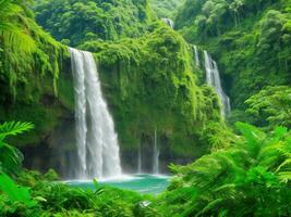 un' cascata circondato di lussureggiante verde vegetazione ai generato foto