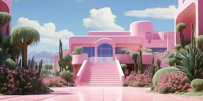 generativo ai, futuristico lusso rosa Casa circondato di lussureggiante verdura foto