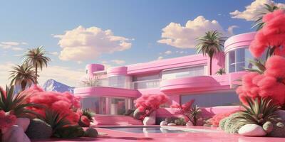 generativo ai, futuristico lusso rosa Casa circondato di lussureggiante verdura foto