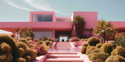 generativo ai, futuristico lusso rosa Casa circondato di lussureggiante verdura foto