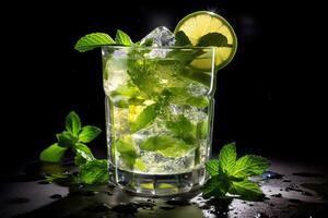 bicchiere di gustoso Mojito su buio sfondo. ai generato foto