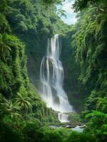 un' cascata nel il giungla circondato di lussureggiante verde vegetazione ai generato foto