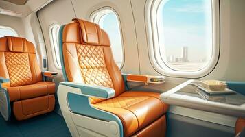primo classe attività commerciale lusso costoso privato Jet linea aerea posti a sedere con finestre servizio per vacanza e aziendale aereo viaggio. ai generato foto