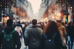 folla di persone a piedi nel il strada. ai generato foto