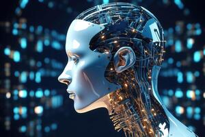 artificiale intelligenza, un' umanoide testa con neurale Rete pensa. ai robot, informatica ragazza con un' digitale cervello è apprendimento per processi grande dati. ai generato foto