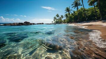 bianca sabbioso spiaggia su un' tropicale isola e chiaro mare. Paradiso appartato isola. creato con generativo ai foto