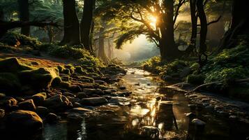 Magia foresta nel nebbia e flusso. creato con generativo ai foto