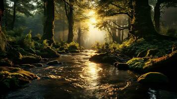 Magia foresta nel nebbia e flusso. creato con generativo ai foto