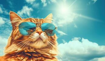 rosso gatto nel occhiali da sole su un' blu sfondo. creato con generativo ai foto
