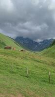 montagna paesaggio con un' Visualizza di il valle e montare chaukhi. juta Georgia, bellissimo cielo e roccia foto