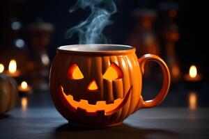 Halloween caffè zucca tazza con un' caldo bere, e vapore un' festivo bandiera per un' bar con un' copia spazio. generativo ai. foto