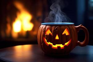 Halloween caffè, zucca tazza con un' caldo bevanda e vapore su un' nero pauroso sfondo, un' festivo bandiera per un' bar con un' copia spazio. generativo ai. foto