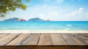 di legno scrivania di gratuito spazio per il tuo decorazione e estate paesaggio di spiaggia. generativo ai. foto