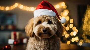 avvicinamento ritratto di un' carino cane nel un' rosso Santa Claus cappello tra ardente luci su il sfondo di un' inverno nevoso paesaggio. nuovo anno festa. i fiocchi di neve nel il aria. generativo ai. foto