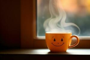 Halloween caffè, zucca tazza con un' caldo bevanda e vapore su un' nero pauroso sfondo, un' festivo bandiera per un' bar con un' copia spazio. generativo ai. foto