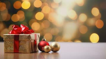 Natale regalo o presente scatola, nevoso abete albero e vacanza decorazione contro bokeh sfondo. nuovo anno saluto carta. generativo ai. foto