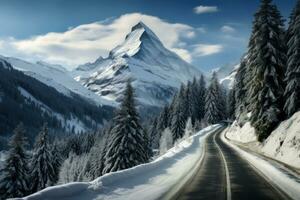 inverno strada e alberi con neve e Alpi paesaggio. generativo ai. foto