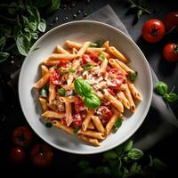 superiore Visualizza italiano penne pasta nel cremoso Vodka pomodoro salsa con sbriciolato salsiccia e funghi su il cucina tavolo. generativo ai. foto