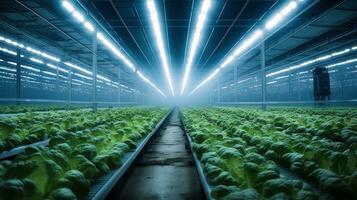 idroponica interno verdura pianta fabbrica nel esposizione spazio magazzino. interno di il azienda agricola idroponica. verde insalata azienda agricola. lattuga romano in crescita nel serra con guidato fulmine. generativo ai. foto