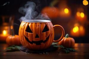 Halloween caffè, zucca tazza con un' caldo bevanda e vapore su un' nero pauroso sfondo, un' festivo bandiera per un' bar con un' copia spazio. generativo ai. foto