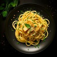 superiore Visualizza spaghetti con timo, aglio e oliva olio vicino su. generativo ai. foto