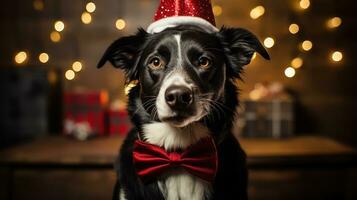 avvicinamento ritratto di un' carino cane nel un' rosso Santa Claus cappello tra ardente luci su il sfondo di un' inverno nevoso paesaggio. nuovo anno festa. i fiocchi di neve nel il aria. generativo ai. foto