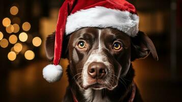 avvicinamento ritratto di un' carino cane nel un' rosso Santa Claus cappello tra ardente luci su il sfondo di un' inverno nevoso paesaggio. nuovo anno festa. i fiocchi di neve nel il aria. generativo ai. foto