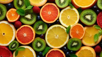 luminosa sfondo con Kiwi frutta, pompelmo e arance. generativo ai. foto