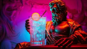 antico statua nel neon leggero con Mosca mulo cocktail moderno concetto sfondo con un' copia spazio foto