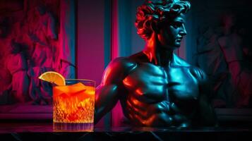 antico statua nel neon leggero con negroni cocktail moderno concetto sfondo con un' copia spazio foto