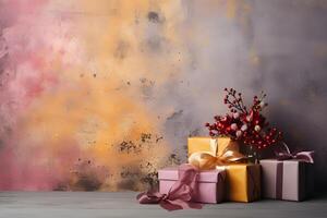 Natale decorazione su grunge decorativo rosa pastello stucco parete. regalo scatole con copia spazio. generativo ai illustrazione foto