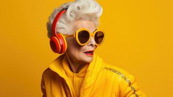 elegante nonna nel un' tuta. salutare stile di vita nel vecchio età. giallo sfondo foto