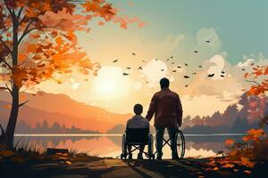 Disabilitato uomo nel un' sedia a rotelle con il suo amico. foto