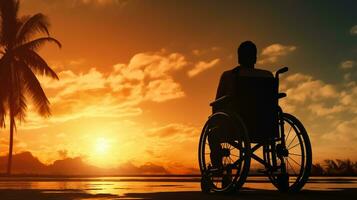 silhouette di Disabilitato uomo su sedia a rotelle a il spiaggia durante tramonto, disattivare giorno foto