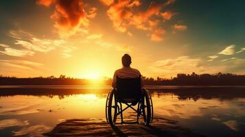 silhouette di Disabilitato uomo su sedia a rotelle a il spiaggia durante tramonto, disattivare giorno foto