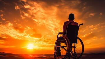 silhouette di Disabilitato uomo su sedia a rotelle a il spiaggia durante tramonto, disattivare giorno foto