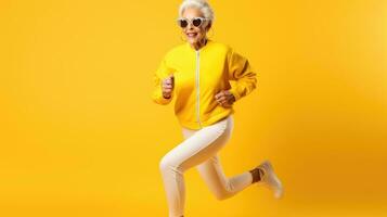 elegante nonna nel un' tuta da ginnastica in esecuzione. salutare stile di vita nel vecchio età foto