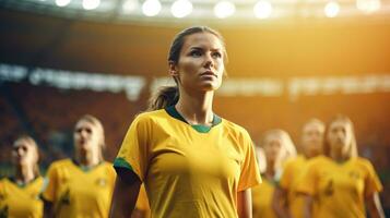 un' bellissimo femmina calcio giocatore nel un' giallo verde uniforme nel il stadio. foto