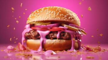 delizioso rosa hamburger isolato su rosa sfondo. un' unico rosa salsa foto