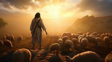 Gesù pastorizia il pecora nel sera cielo foto